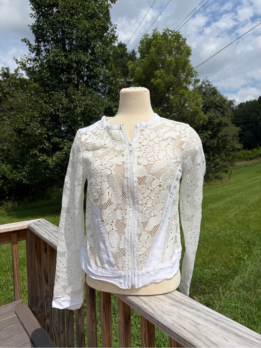Three Dots Cotton Blend Crochet Lace Zip Lightweight Long Sleeve Jacket Sz M